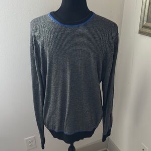 Michael Kors Sz CL gray black striped blue trim crewneck long sleeve sweater